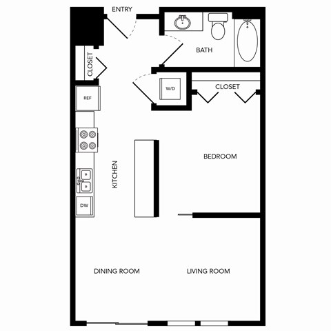 Floor plan for 1 bed, 1 bath, 632 sqft